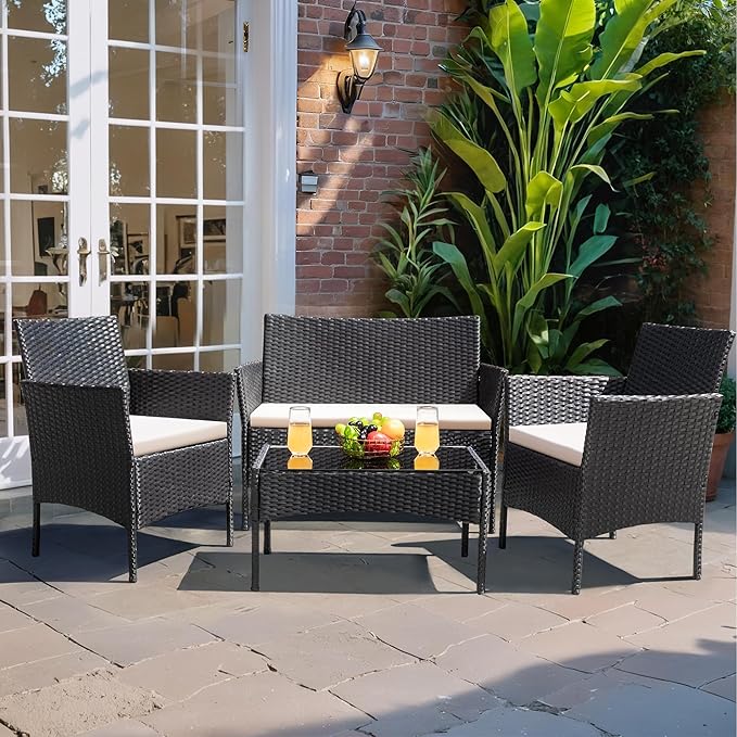 Greesum Patio Furniture 4 Pieces Conversation Sets Outdoor Wicker Rattan Chairs Garden Backyard Balcony Porch Poolside loveseat with Cushion and Glass Table, Black and Beige