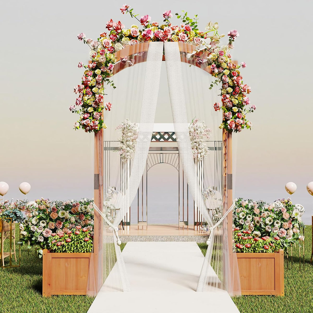 Giantex Garden Arbor with Planter Boxes, Wooden Arch with Trellis and Raised Garden Bed for Climbing Vine Plants Vegetables Herbs, Decorative Arbor Archway for Wedding, Ceremony, Party (Orange)