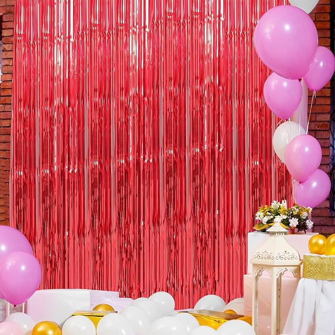 Crosize 4 Pack 3.3 x 9.9 ft Red Foil Fringe Curtains Party Decorations, Red Tinsel Curtain Backdrop for Parties, Door Streamers, Glitter Streamer Fringe Backdrop for Birthday Decoration