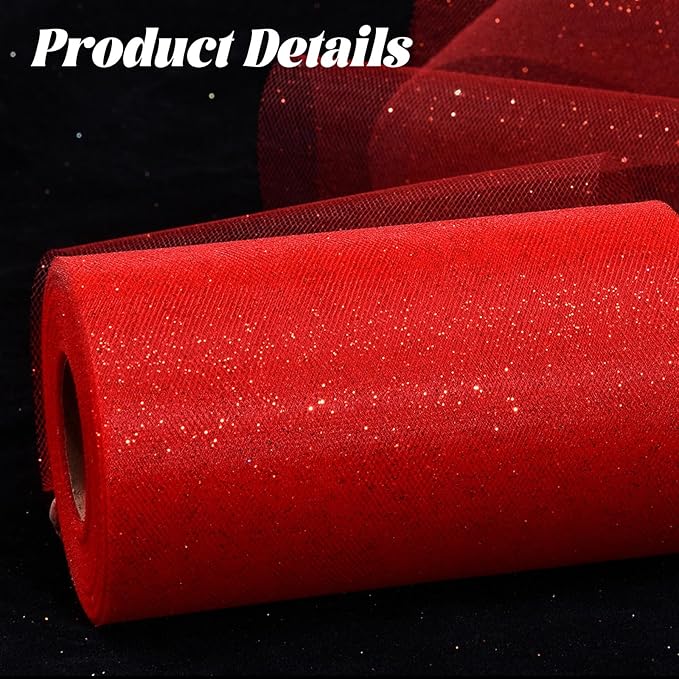 Glitter Tulle Rolls 6” by 50 Yards Sparkle Tulle Fabric Ribbon Sequin Tulle Netting Rolls for DIY Tutu Skirt Wedding Birthday Party Decoration (Red)
