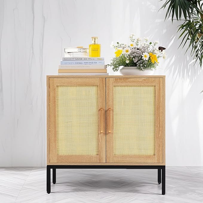 Buffet Cabinet with Storage, Storage Cabinet with Rattan Decor Doors, Accent Sideboard Bufft with Solid Wooden Feet, for Living Room, Hallway, Kitchen, Buffet Table