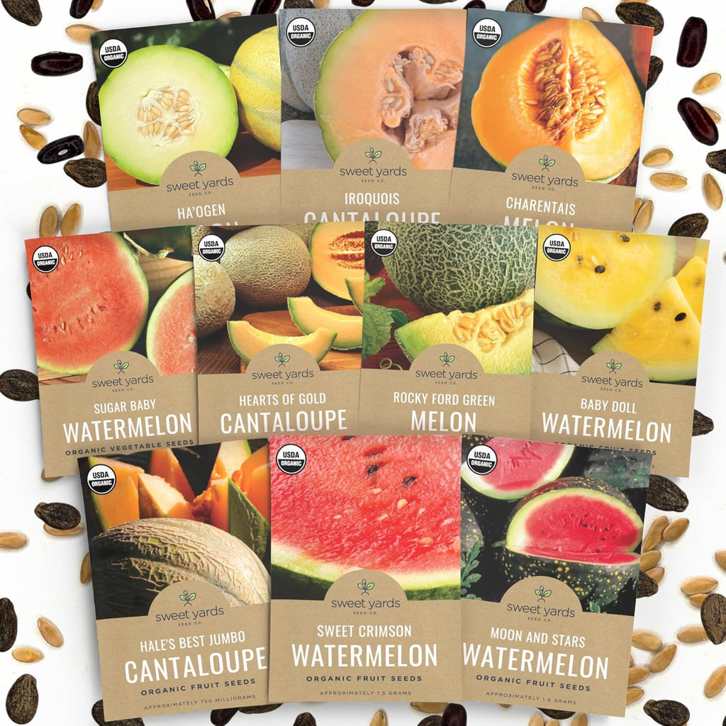 Organic Melon Seeds Variety Pack - 10 Individual Packs - 2025 Season - Sugar Baby, Charentais, Hearts of Gold and More! for Indoor & Outdoor Planting (Non-GMO, Certified Organic)