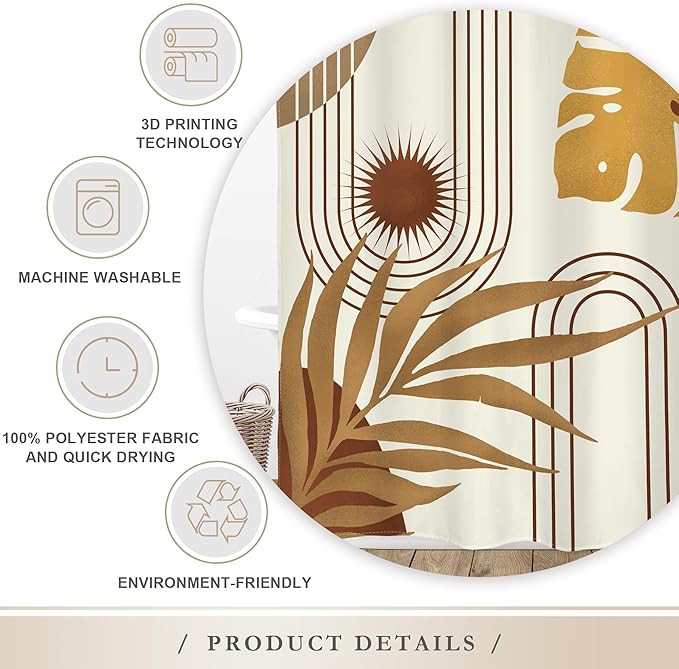 Glawry Boho Mid Century Shower Curtain Yellow Brown Abstract Tropical Palm Leaves Sun Bathroom Minimalist Geometric Arch Retro Plant 60Wx72L Inches Bath Accessories Art Home Decor Fabric 12 Pack Hooks
