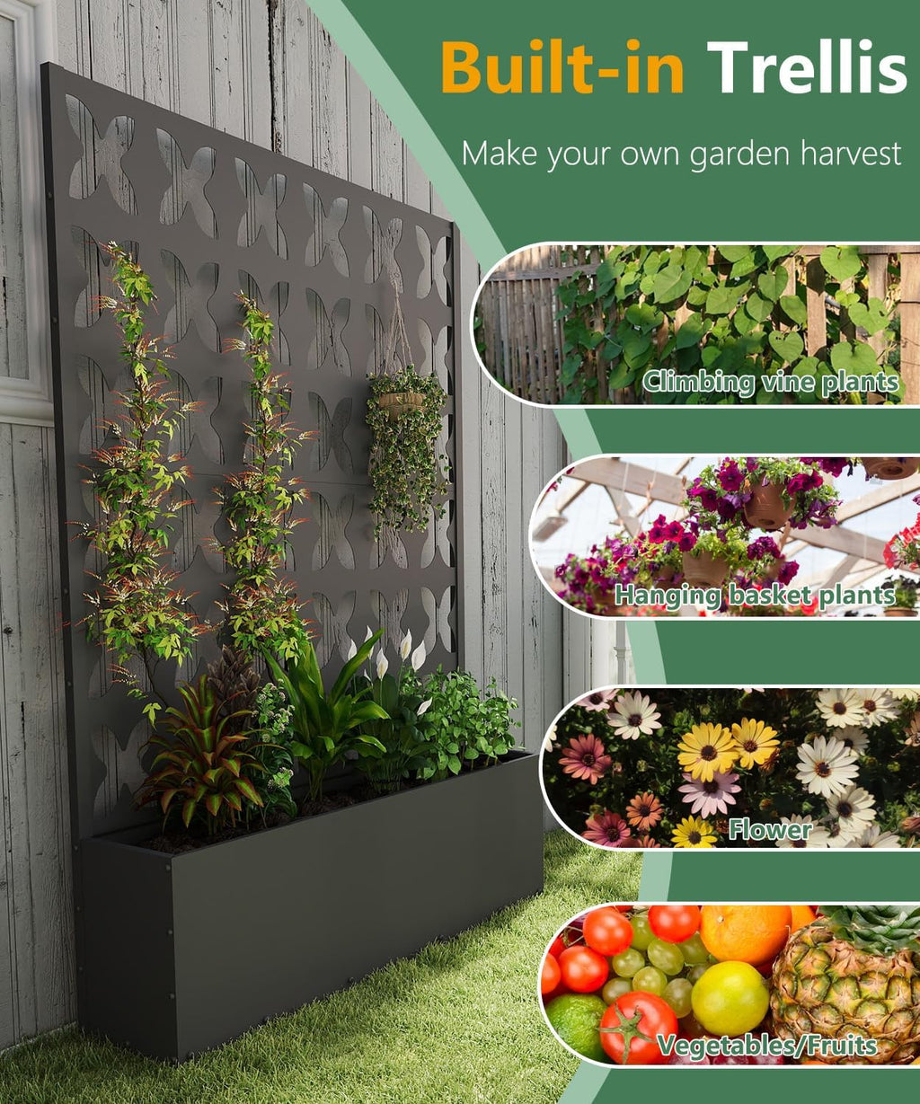 Metal Planter Box with Trellis,70.9"x47.2"x15.7" Raised Garden Bed with Drainage Holes, Privacy Planters for Outdoor Garden Bed for Climbing Plants,Vegetables,and Vines, Black-X