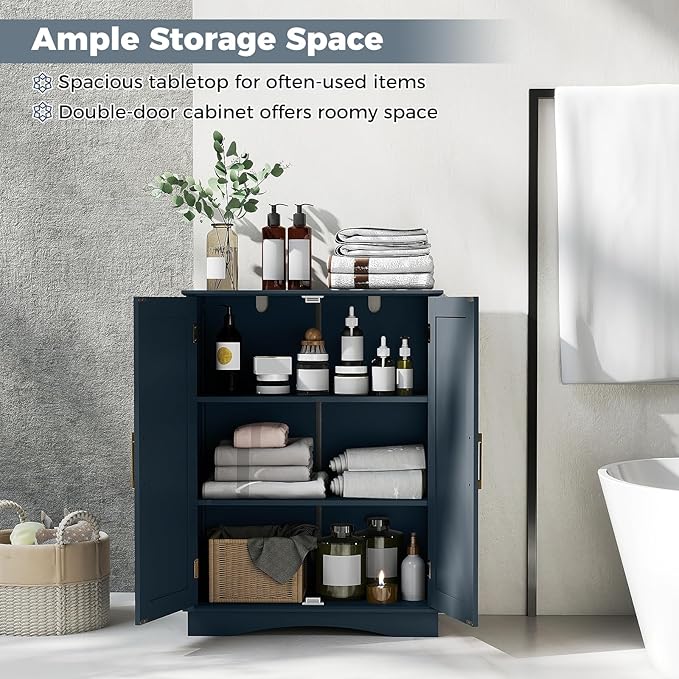 Tangkula Bathroom Floor Storage Cabinet, 31.5" H Freestanding Pantry Cabinet with 2 Doors and Adjustable Shelves, Kitchen Cupboard for Living Room, Dining Room, Bathroom (Navy Blue, 31.5" H)