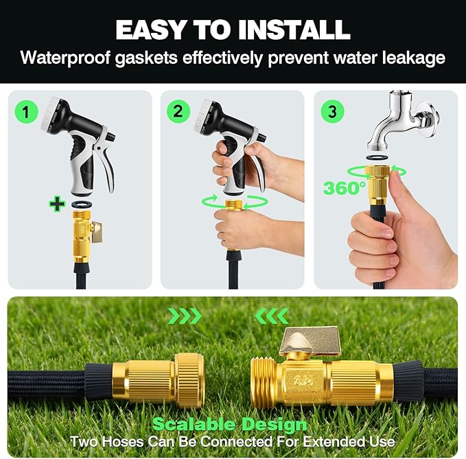 Garden Hose 25 FT, Lightweight Non-Expanding Water Hose with 10 Function Nozzle, Manguera Para Jardin with 3/4" Brass Connectors Leak-Proof, Burst-Resistant, Anti-Kink