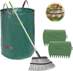 JOYHALO 65 Inch Rake for Leaves, 25 Tines Metal Leaf Rake Set with 32 Gallon Leaf Bags Scoops, Garden Rakes 18in Wide, Rakes for Gardening Lawns Yard Outdoor Camping Shrub Grass Bush