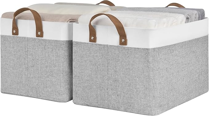 StorageWorks Storage Bins, Fabric Storage Bins for Shelves, Large Storage Baskets with Metal Frame, Closet Baskets and Bins with Handles, Gray and White, 2-Pack