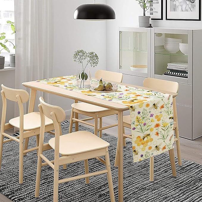 Summer Bee Table Runner, Seasonal Spring Wildflowers Bee Yellow Honeycombs Farmhouse Table Runner for Kitchen Dining Table Home Party Decor, 13x108inch