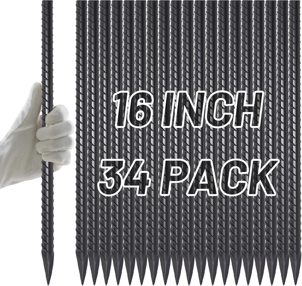 AAGUT Rebar Stakes 16 inch (34pcs) Heavy Duty 3/8” Ground Anchors Steel Garden Stakes Metal Straight Camping Tent Spikes with Chisel Point End for Hard Soil, Black Powder Coated