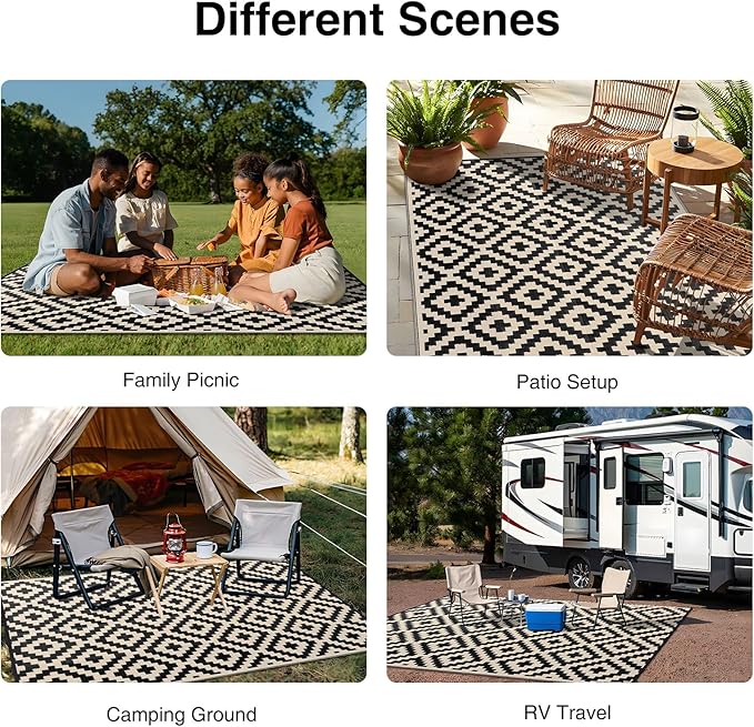 OLANLY Waterproof Outdoor Rug 9x12 ft, Outdoor Plastic Straw Rug for Camping, RV Mat Outside, Outdoor Carpet for Porch, Deck, Backyard, Balcony, Picnic, Black & Beige