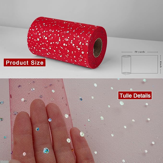 Glitter Tulle Rolls, 6' by 50 Yards (150FT) Sequin Tulle Netting Fabric for Tutu Skirts Sewing Birthday Wedding Party Decoration (Red)