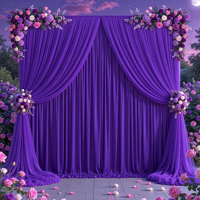 Purple Tulle Backdrop Curtain for Parties Wedding,10ft x 10ft Wrinkle Free Curtain Backdrop,2 Layer Drapes for Backdrop,Polyester Wedding Back Drop for Bridal Shower Birthday Baby Shower Photography