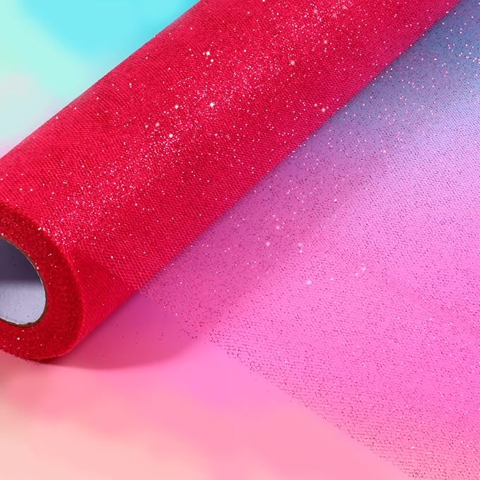 Sparkling Tulle Rolls, 15” by 30 Yards (90FT) Glitter Tulle Spool Ribbon Fabric for Wedding Birthday Bridal Shower Tutu Skirt Party Gift Wrapping (Fuchsia)