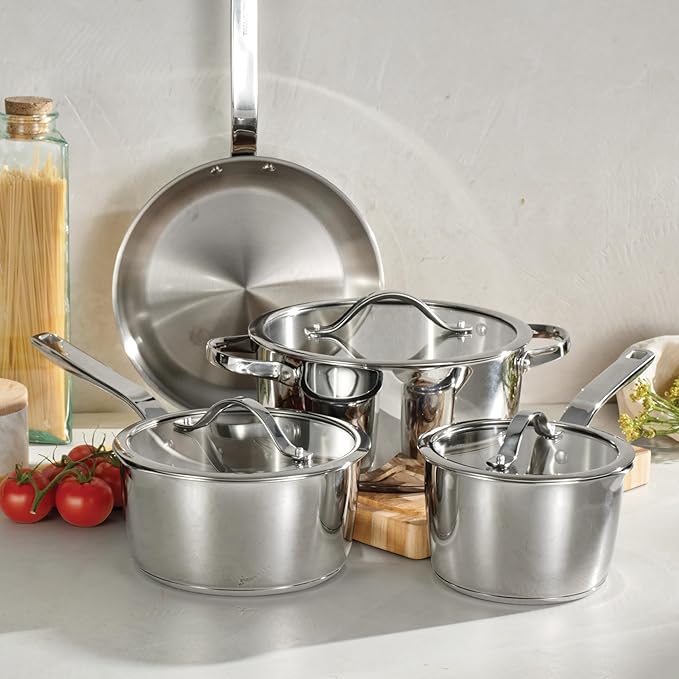 Tramontina Tempo Tri-Ply Base Stainless Steel 7-Piece Cookware Set with Glass Lids, Pots and Pans Kitchen Set, Induction-Ready, Oven-Safe, Dishwasher-Safe