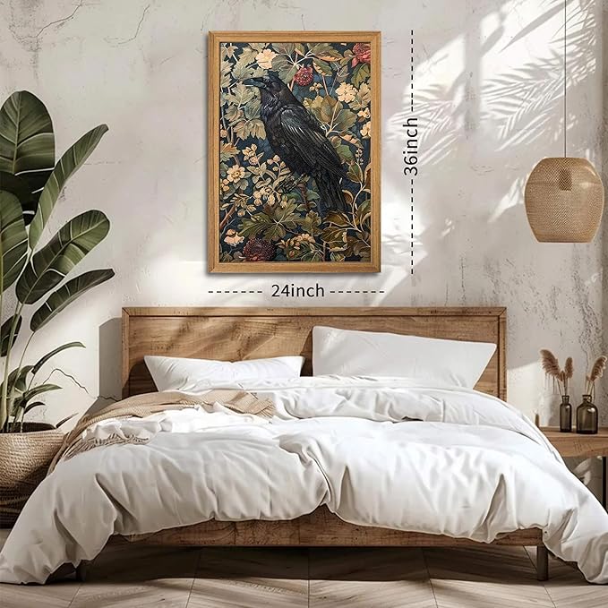 Framed 3D Textured Vintage Wall Art - Dark Academia Decor Hand Drawn Sandstone Black Crow Paintings with Botanical Florals, Aesthetic Wall Decor for Living Room Bedroom Home 24x36 inch