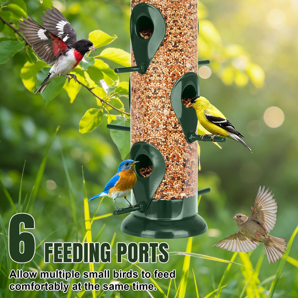 FEED GARDEN Metal Bird Feeder- 6 Port Tube Feeder for Outdoors with Metal Lid, Easy Fill & Clean, Weather Resistant, 13 Inch