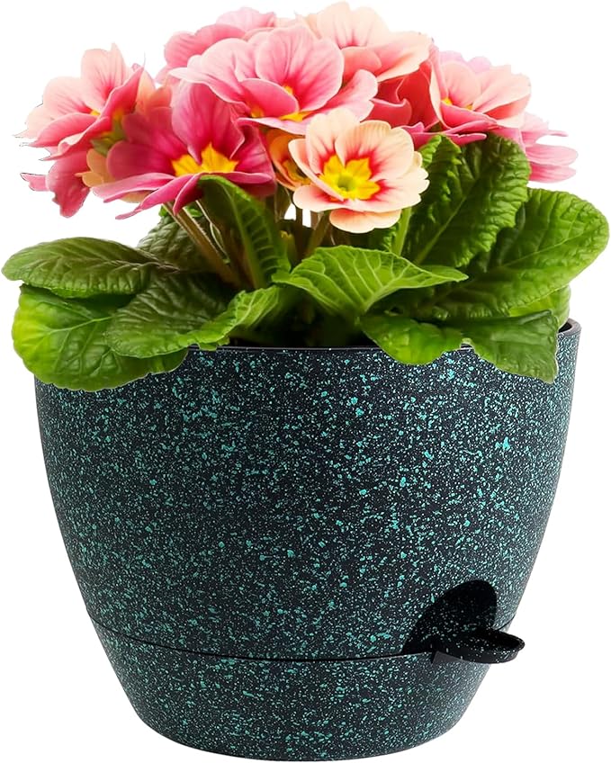 12 inch Large Self Watering Pots for Indoor Outdoor Plants, Flower Plant Pots with Mesh Drainage Holes for Garden House Plants, Plastic Planters for Home Plants, Black with Green Speckles