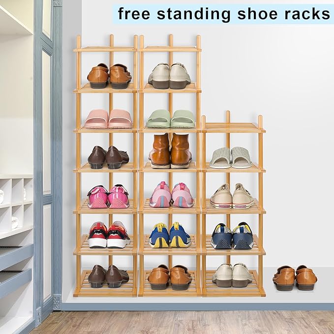 7-Tier Shoe Rack for Closet, Shoes Organizer Free Standing Shelf Entryway and Closet Hallway, Small Space Stackable Bamboo Multifunctional Racks Shoe Storage