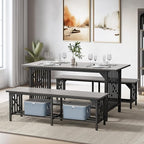 DWVO 3-Piece Dining Table Set for 4-6 People, 63" Dining Room Table with 2 Benches, Industrial Rectangular Dining Room Table Set with Storage for Kitchen, Dining Room, Grey