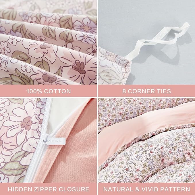SAPHREAS Duvet Cover Set Twin 2pcs Blue Pink Floral Blossom Bedding Comforter Cover Set 100% Cotton 1 Duvet Cover 68"x90" 1 Pillow Sham, Comforter Not Included