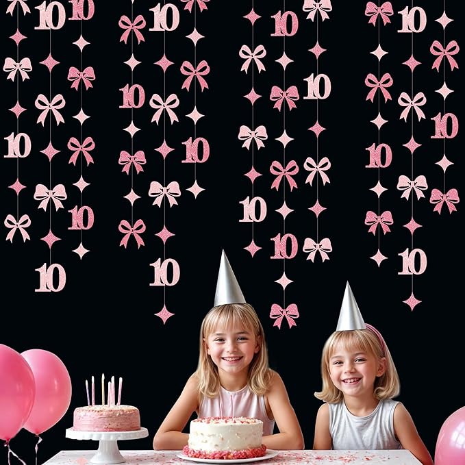 Glitter Pink 10th Bow Birthday Decorations Hot Pink Conquette Bow Garland Streamer Banner Backdrop for Girls Happy 10th Birthday Double Digits I'm 10 Cheers to 10 Years Old Anniversary Party Supplies