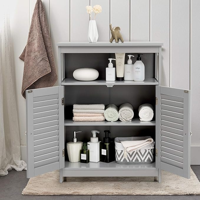 Tangkula Bathroom Floor Cabinet, Wooden Freestanding Storage Cabinet with Double Shutter Door & Adjustable Shelf, Storage Cabinet for Bathroom Living Room (Grey)