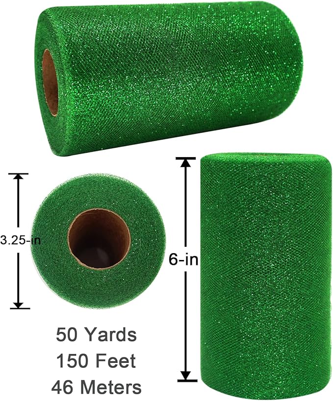 Glitter Tulle Fabric Rolls, 6 Inch 50 Yards (150ft) Sparkling Spool Ribbon Sequin Netting for Tutu Skirt Gift Wrapping Wedding Party Decoration (Emerald Green)