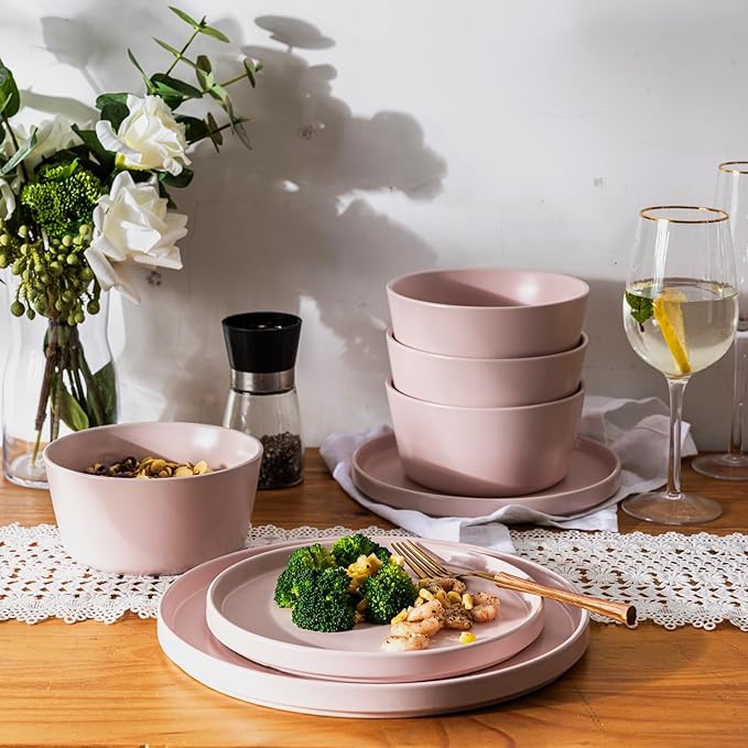 AmorArc Ceramic Dinnerware Sets for 6, Modern Flat Stoneware Plates and Bowls Sets,Chip and Crack Resistant | Dishwasher & Microwave Safe Dishes Set,Scratch Resistant- Service for 6 (18pc)-Matte Pink