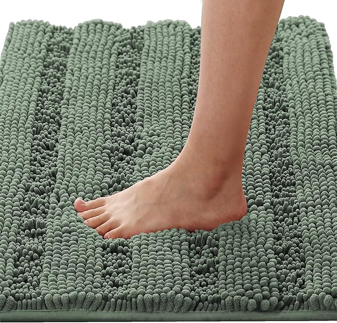 H.VERSAILTEX Bathroom Rugs Bath Rugs Non Slip Bath Mats Extra Thick Chenille Striped Rug 17" x 24" Absorbent Soft Shaggy Washable Dry Fast Bath Mats for Bathroom Floor - Green Bay