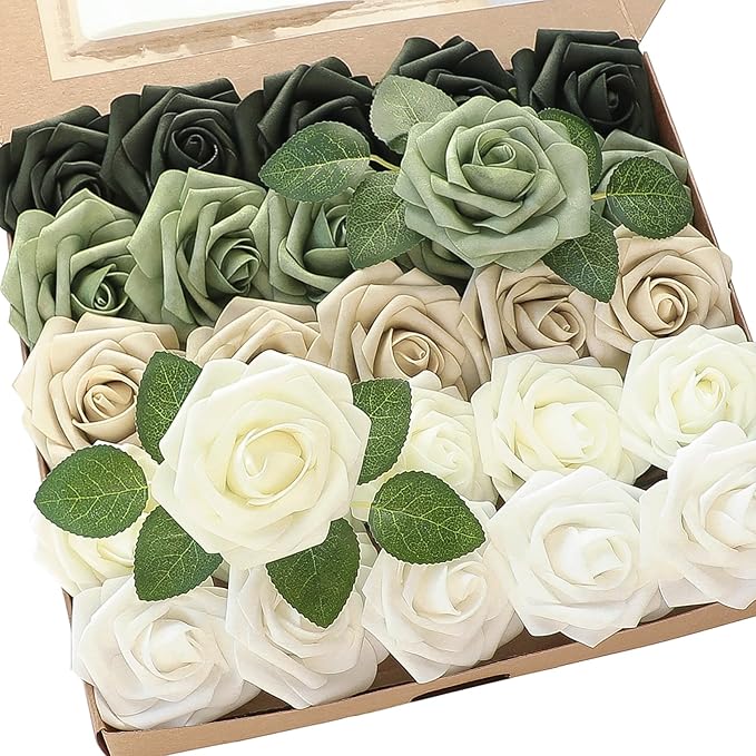 Floroom Artificial Flowers 25pcs Real Looking Emerald Green Ombre Colors Foam Fake Roses with Stems for DIY Wedding Bouquets Bridal Shower Centerpieces Sage Green Floral Arrangements Tables Decoration