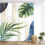 Glawry Boho Blue Green Shower Curtain Mid Century Abstract Tropical Palm Leaf Modern Minimalist Plant Botanical Bathroom Geometric 72Wx72L Inches Bath Accessories Art Home Decor Fabric 12 Pack Hooks