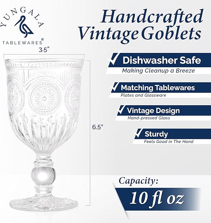 Yungala Vintage Wine Glasses,Set of 6 Glass Goblets for Water, Wine or Cocktails - Fancy Wine Glasses with a retro vibe. Sunflower Embossed Design on sturdy dishwasher-safe glasses.