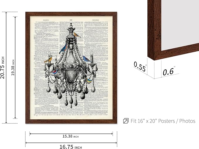 Poster Master Dictionary Art Poster - Antique Chandelier Print - Bird Art - Baroque Art - Gift for Men & Women - Chic Decor for Living Room, Dining Room, Bedroom or Kitchen, 16x20 Brown Framed