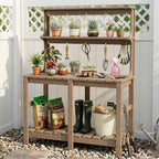 Polyhouz Outdoor Potting Bench with 3 Tier, All-Weather Patio Potting Table with Tool Hooks, HDPE Gardening Table for Backyard, Garden, Brown
