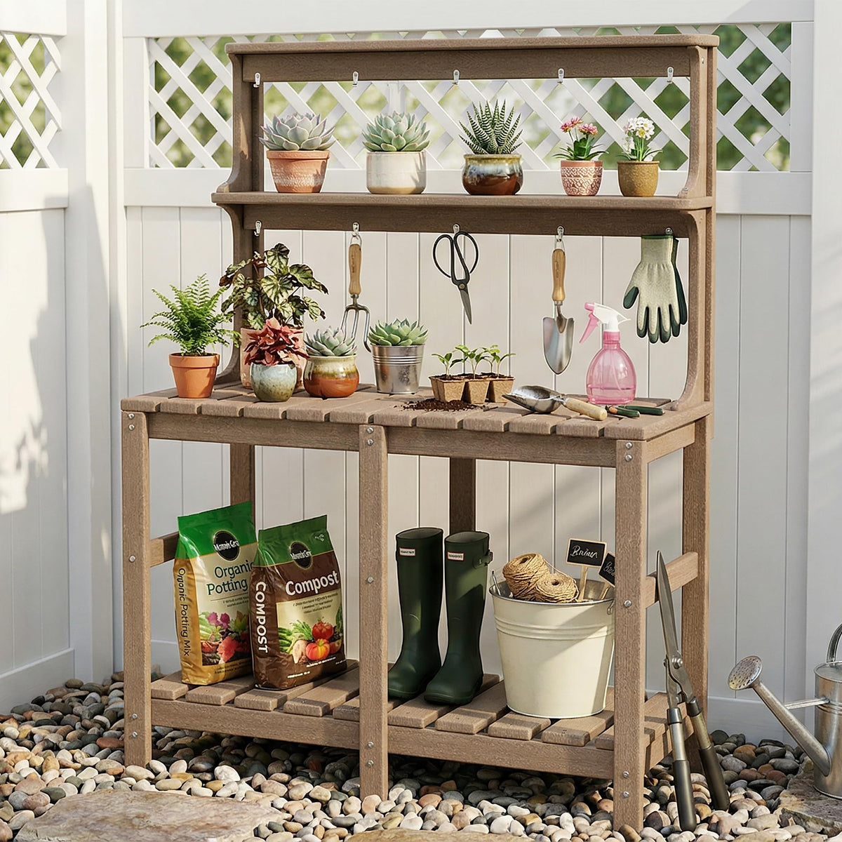 Polyhouz Outdoor Potting Bench with 3 Tier, All-Weather Patio Potting Table with Tool Hooks, HDPE Gardening Table for Backyard, Garden, Brown