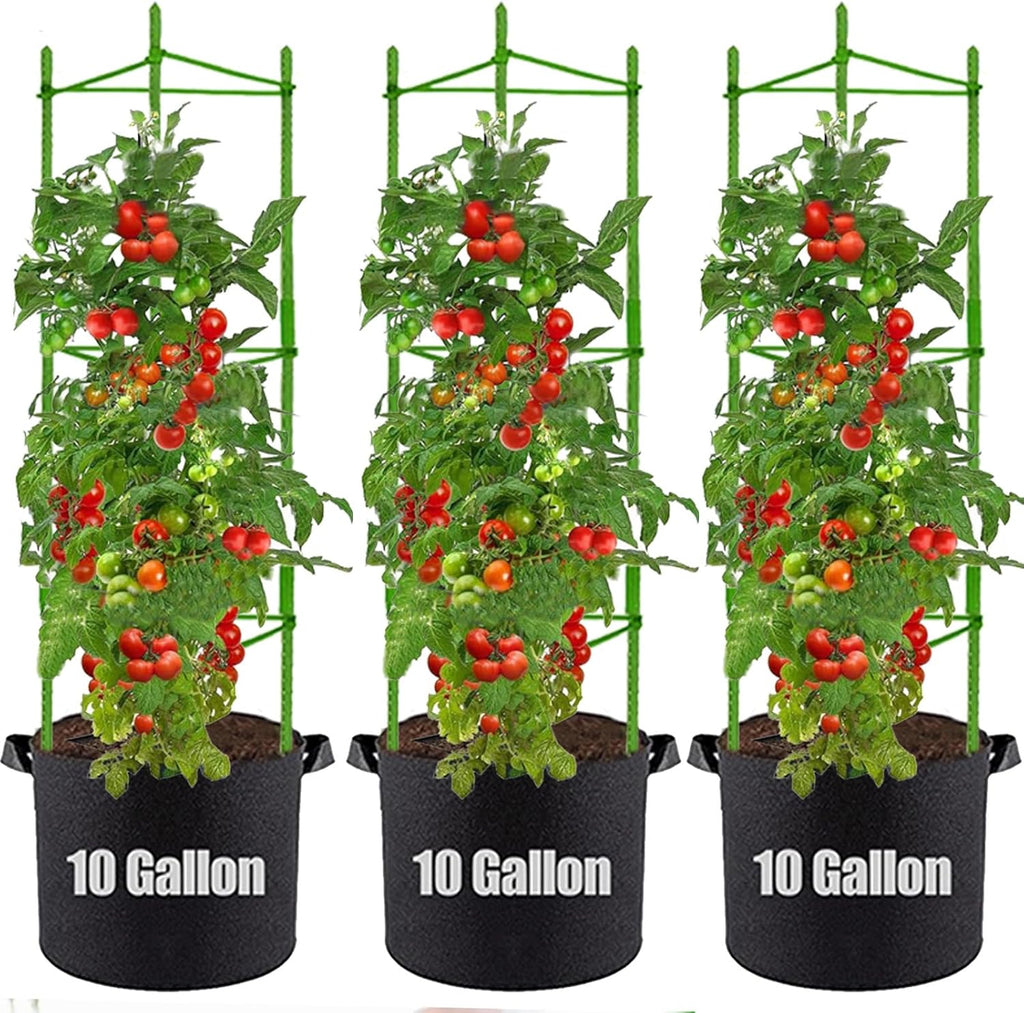 Tomato Cages with 10 Gallon Grow Bags, 48 Inches Garden Tomato Planter, 3-Pack Tomato Trellis for Raised Garden Bed, Tomato Cage Pots Plant Support Stakes Trellis for Climbing Plants Vegetable Flowers