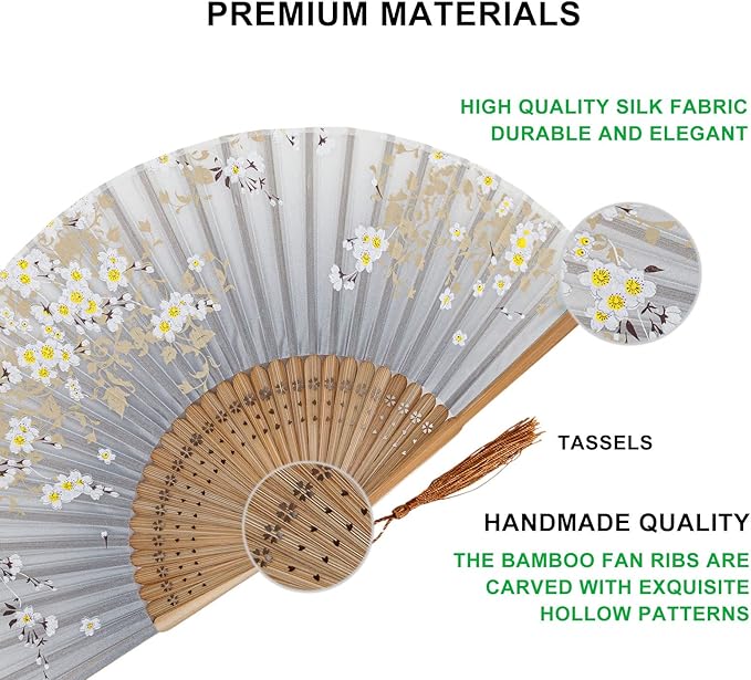 Amajiji 8.27"(21cm) Hand Held Bamboo Silk Folding Fan Hand Fan,Chinese/Japanese Charming Elegant Vintage Retro Style,Women Ladys Girls Best Gifts (Gray Little Sakura)