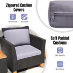 Tangkula 3 Pieces Patio Porch Furniture Set, PE Rattan Wicker Chair Conversation Set with Cushions and Storage Table, Outdoor Acacia Wood Bistro Set for Garden, Poolside (Grey)