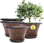 Quarut 12 Inch Pots for Plants,4 Pack Large Flower Pots with Drainage Hole & Saucer,Modern Planters for Indoor Outdoor Plants,Decorative Resin Garden Pots Brown