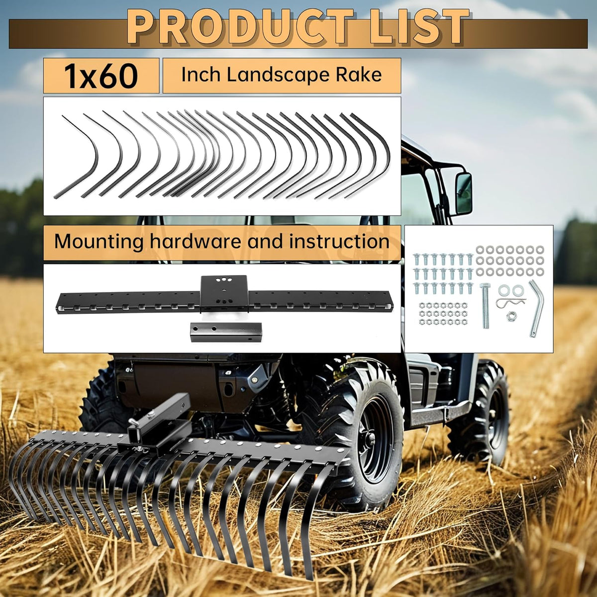 KUAFU 60 Inch Landscape Rake Pine Straw Rake Tractors Rake Fit for 2 Inch Receiver ATV UTV SxS Features 48" or 60" Accessory Tool Bar & 3 Point Hitch System Powder Coated Steel