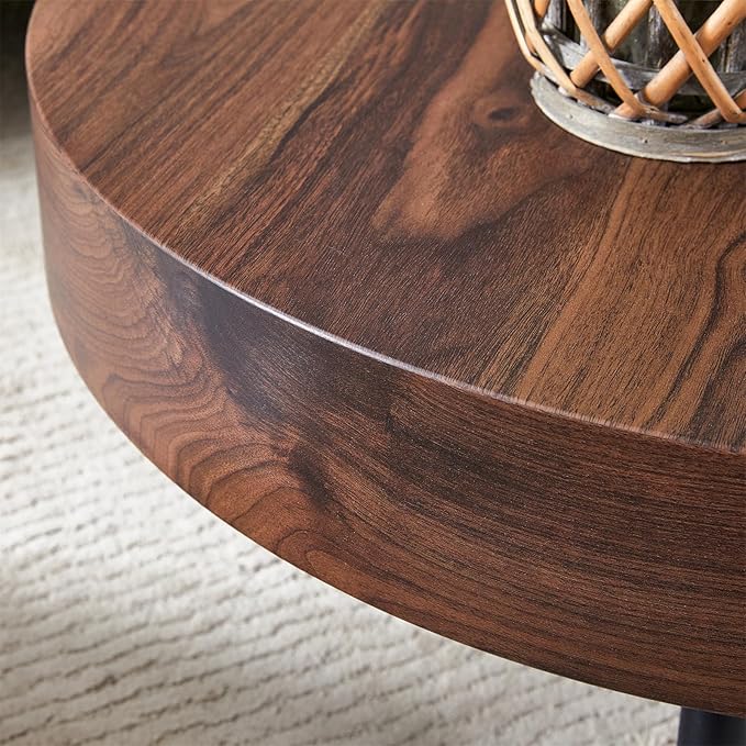 31.5'' Round Coffee Table for Living Room, Wood Texture Table Top, Black Metal Table Legs Tea Table for Dining Room Apartment Small Space (Black,Walnut)