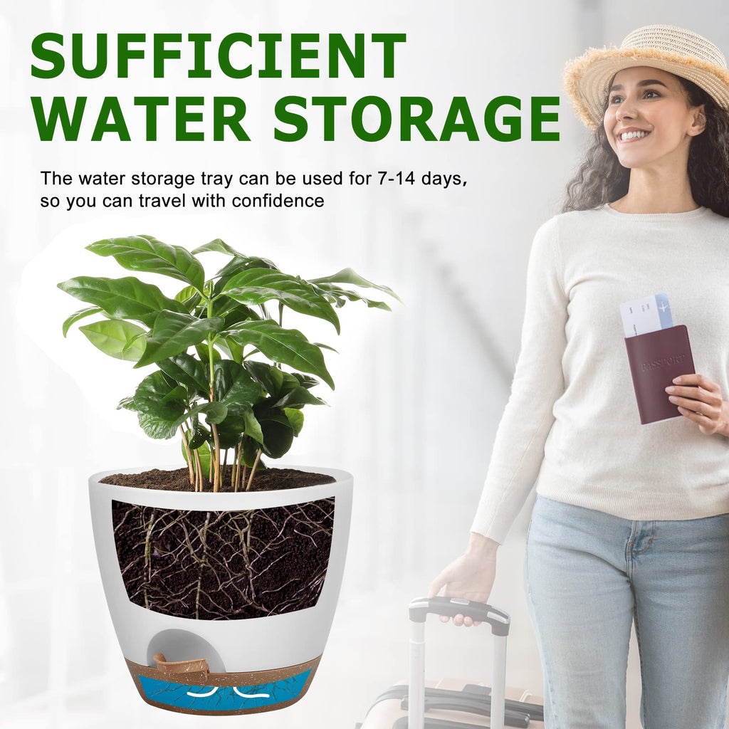 QRRICA Plant Pots 10/9/8/7.5/7 Inch Self Watering Pots, Set of 5 Plastic Planters with Drainage Holes and Saucers,Plastic Flower Pots,Nursery Planting Pot for Indoor Out Door Plants（White）