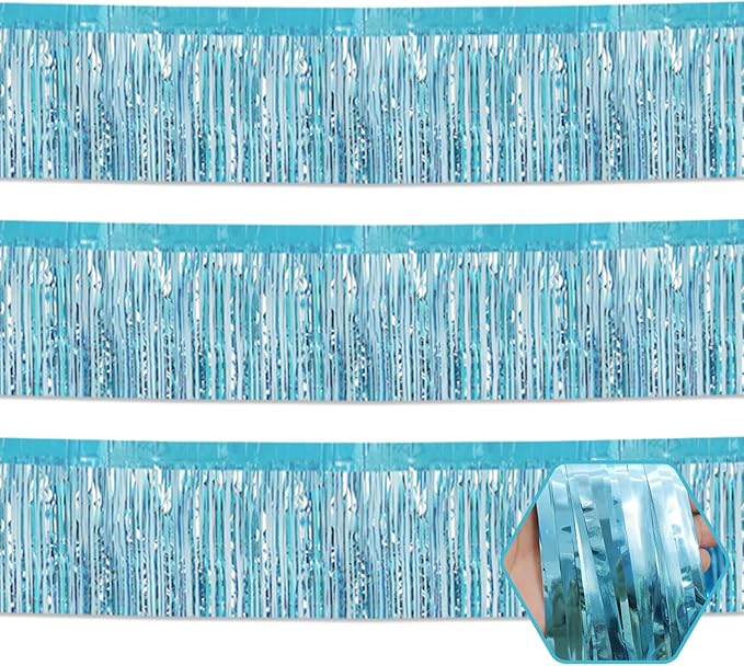 3 Pack 10 Feet Light Blue Metallic Foil Fringe Garland Wall Hanging Tassle Banner, Mother's Day, Easter, Parade Floats, Birthday, Theme Party, Wedding Party Decorations