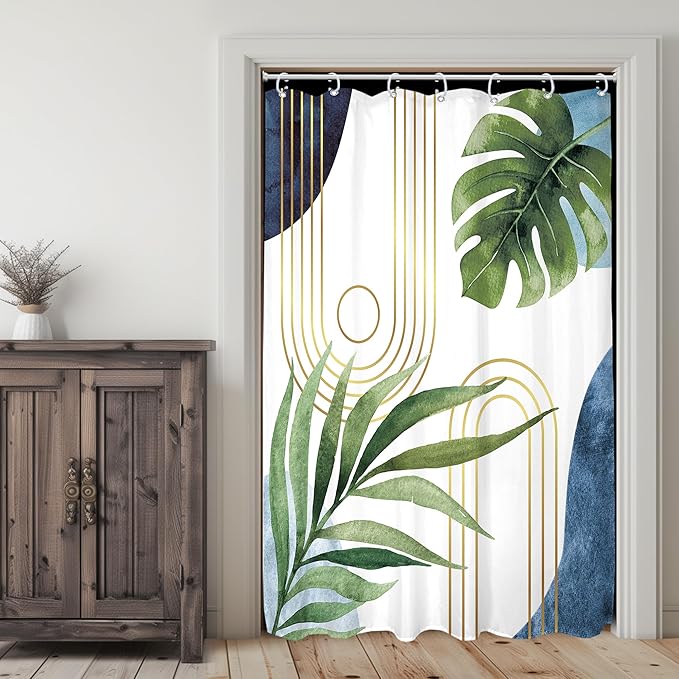 Glawry Narrow Boho Blue Green Shower Curtain Mid Century Modern Abstract Tropical Palm Leaf Botanical Minimalist Bathroom Geometric 48Wx72L Inches Bath Accessories Art Home Decor Fabric 7 Pack Hook