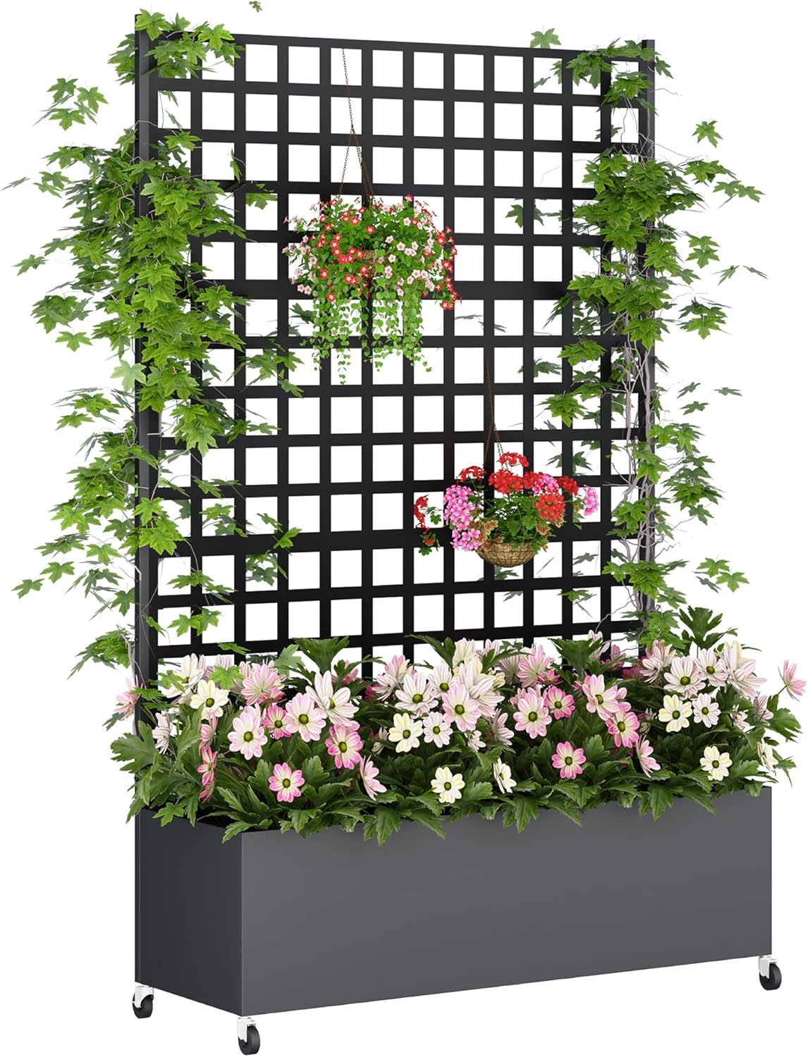 Metal Planter Box with Trellis Privacy Screen, Raised Garden Bed with Lattice Trellis & Wheels, Privacy Planters for Patio, Planter Box for Climbing Plants, Flower, 73"x 47"x 16", Black
