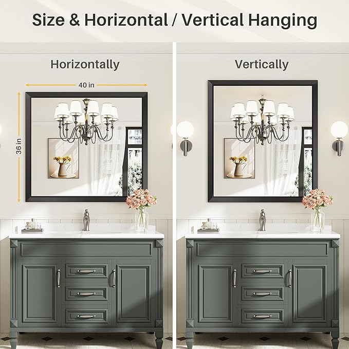 40x36 Inch Black Bathroom Mirror for Wall, Thick Metal Framed Rectangle Mirrors for Over Sink, Bedroom, Living Room, Entryway, Anti-Rust, HD Tempered Glass