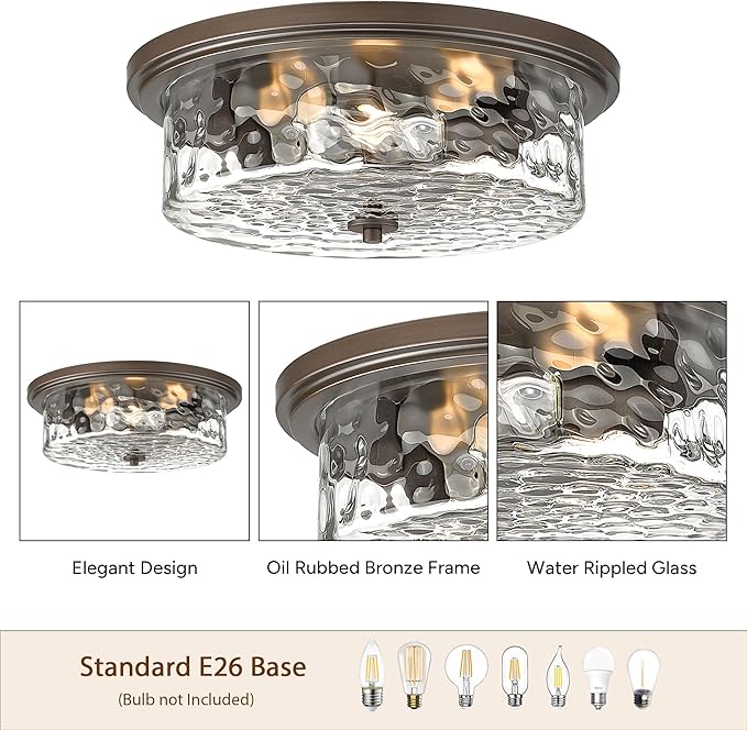 Large Industrial Flush Mount Ceiling Light, 16" 3-Light Modern Ceiling Light Fixture, Farmhouse Close to Ceiling Lighting,Hammered Glass Ceiling Light for Bedroom, Living Room, Kitchen Island