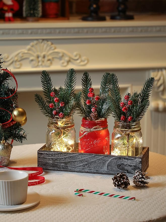 Christmas Mason Jars, Christmas Centerpiece Table Settings, Wood Tray with 3 Painted Jars, Dining Coffee Table Centerpiece, For Kitchen, Living Room, Red Mason Jar Decor with Flowers