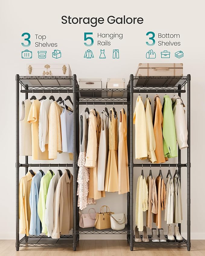 SONGMICS Heavy-Duty Clothes Rack, Garment Rack, Portable Closet, 56.9-Inch Wide Clothing Rack, with Adjustable Mesh Shelves and Hanging Rails, Ink Black ULGR432B01